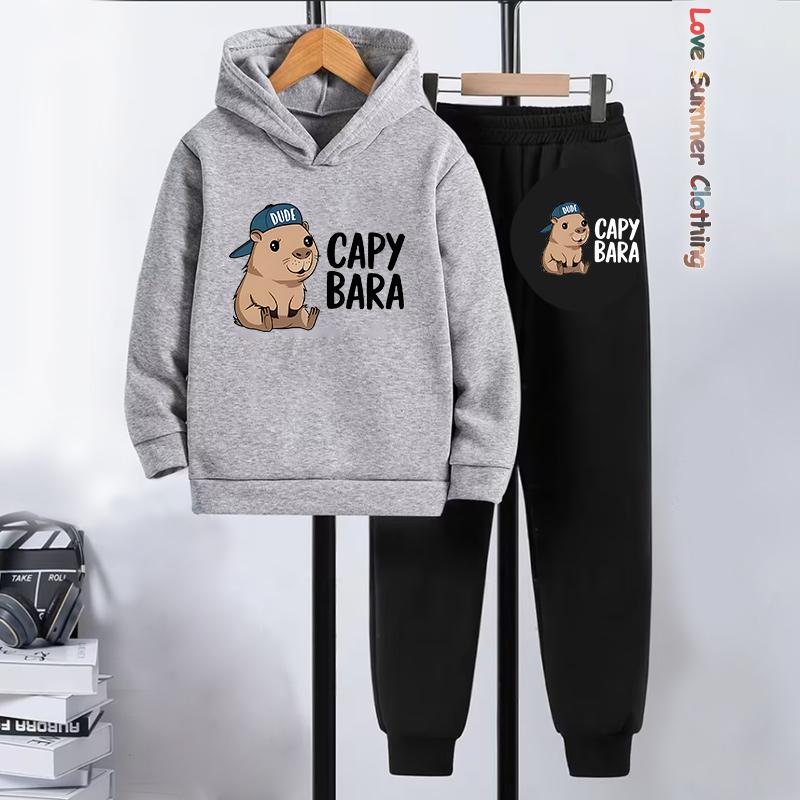 2-teiliges Jungen Capybara Hoodie Jogginghosen Set Kinder Gemütliches Outfit Capybara Spielkleidung Maschinenwaschbar Sport Aktiv Jungen Perfekt Outdoor 120CM