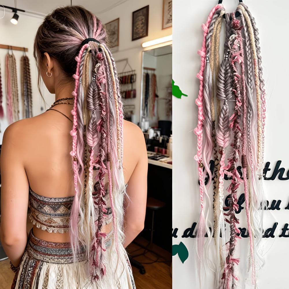 Ombre texturierter Dreadlock-Pferdeschwanz 24 Zoll Twist-Zopf Haarteil Boho geflochtene Perücken für Damen rosa