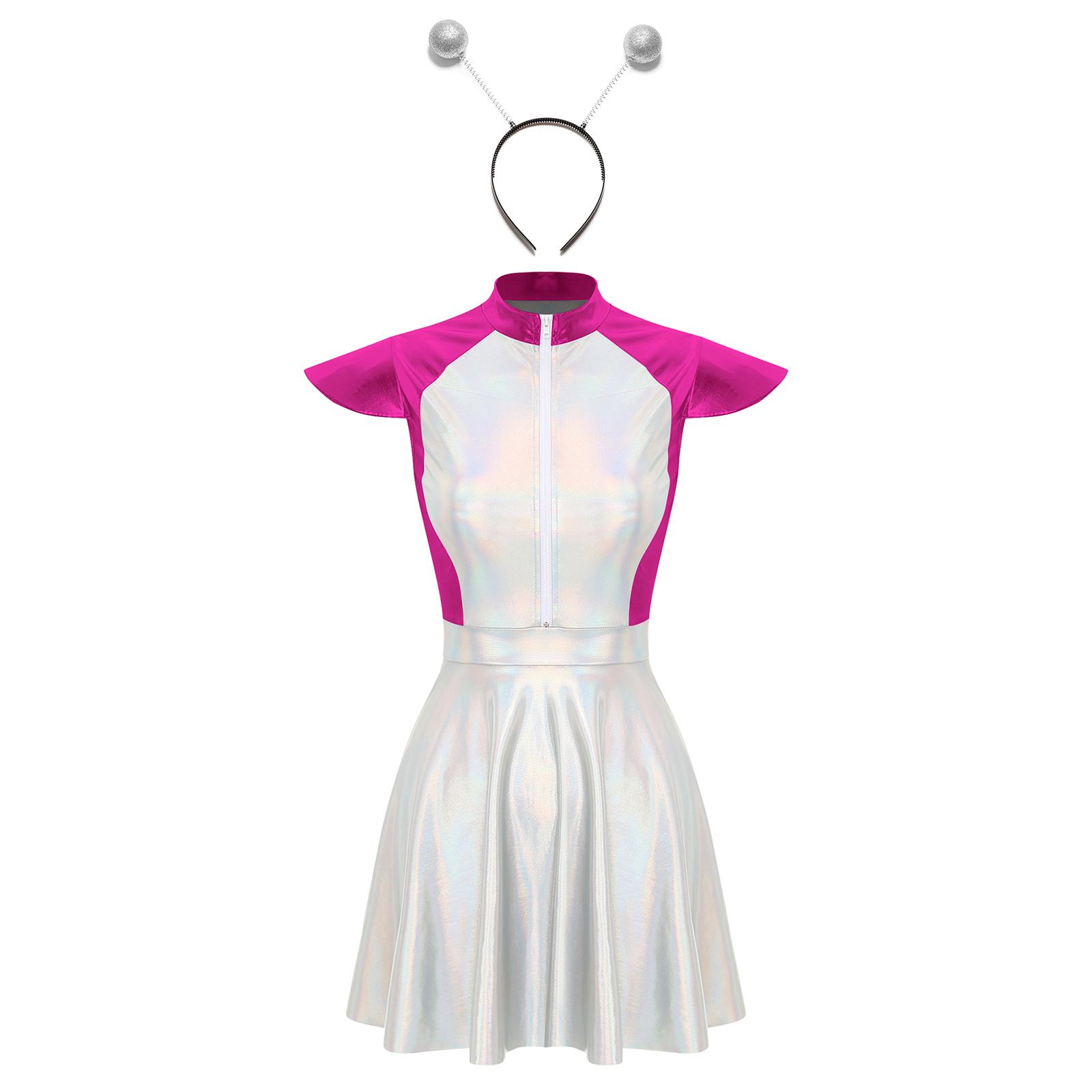 S-4XL Damen Halloween Alien Cosplay Kostüm - Outer Space Cutie Ärmelloses Glitzerkleid mit Alien-Haarreif Partykostüm S heißes rosa