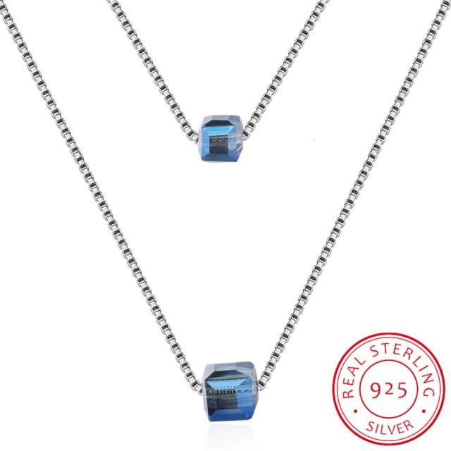 Lekani Kristalle Würfel Perlen Halskette Anhänger 925 Sterling Silber Doppelkette Halskette Für Frauen Schickes Geschenk blau