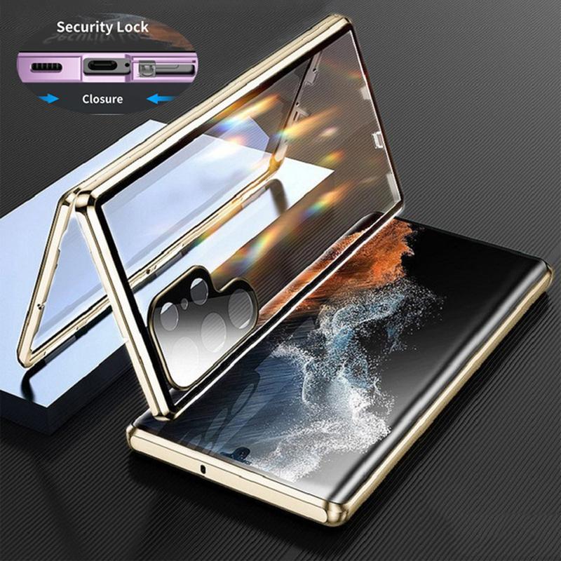 360-Grad-Vollschutz, magnetische doppelseitige Glashülle aus Metall für Samsung Galaxy S25 S24 S23 FE S22 Ultra S21 Plus, Objektivschutz, Schnappverschluss For Samsung S21 Ultra gold
