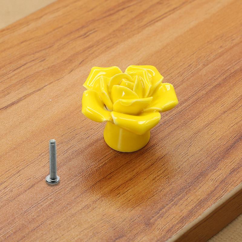 1 Stück Blume Rose Schubladenknöpfe Cartoon Keramik Rose Griff Minimalistische Schrankgriffe für Küche Bad Büro gelb