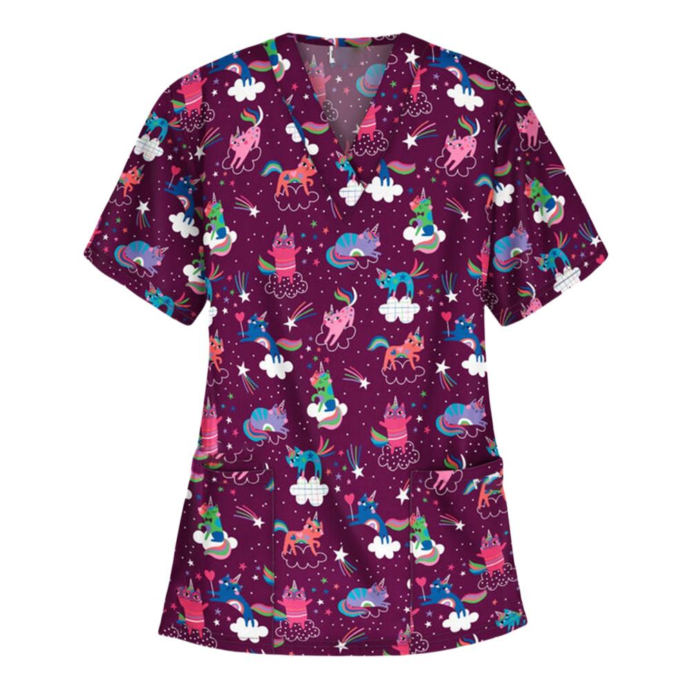 Medizinische Kasacke für Damen Niedlicher Tier-Cartoon-Druck Tierarzt Chirurgische Uniform Oberteile Mode V-Ausschnitt Kurzarm Kasack Haustier Medizinische Frau 3XL