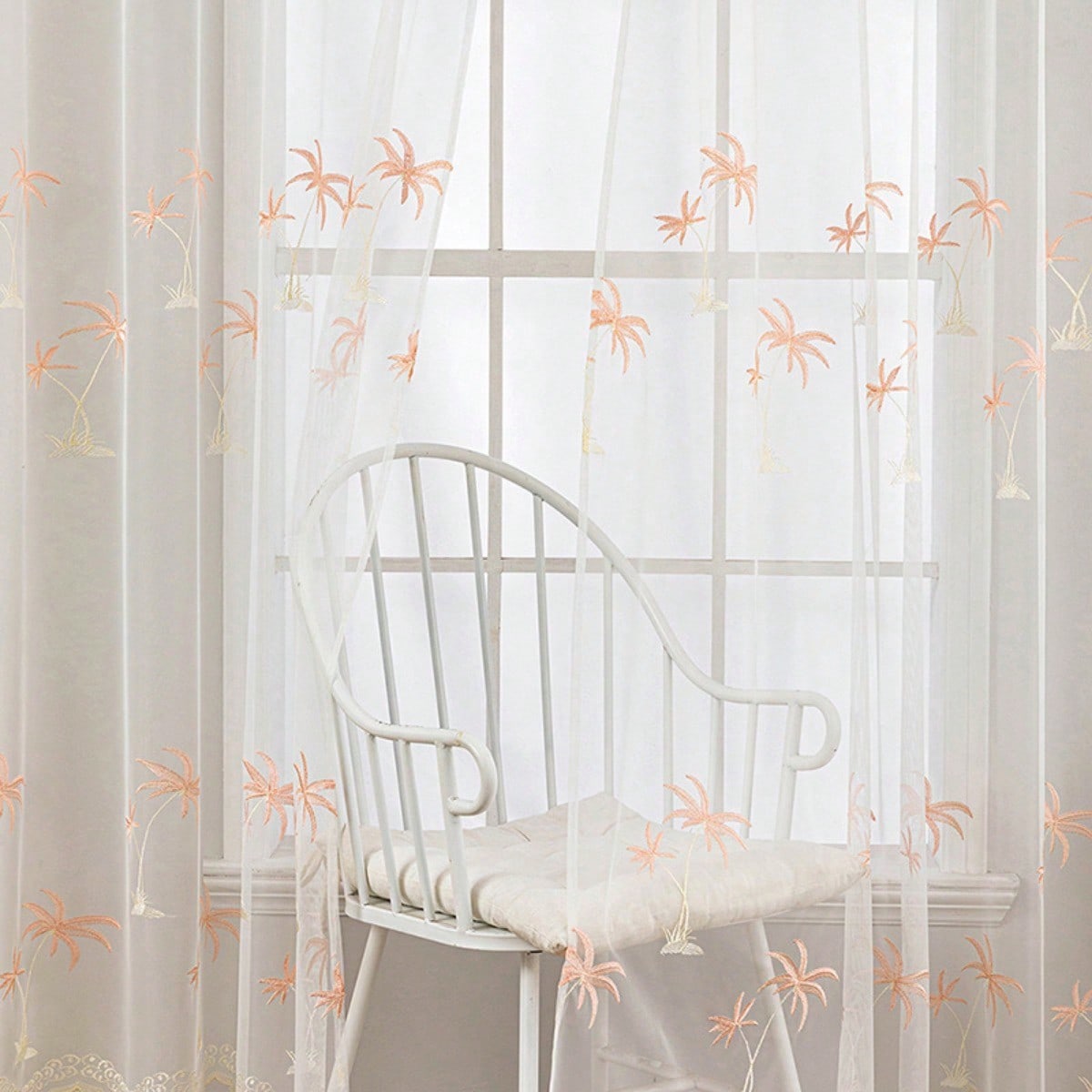 Hochwertig 1 Stück Schöne Hawaiianische Palme Bestickte Fensteröffnungs-Fliegengitter Für Einen Luftigen Sommer Hochwertige Wohnkultur Wesentliches Fenster 140X145cm&Grommet Top rosa
