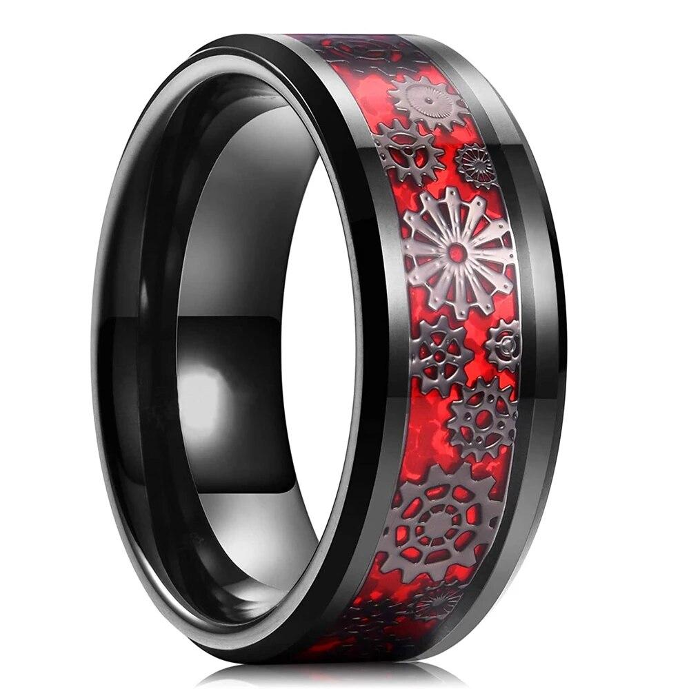 Mode Für Männer 8mm Gold Farbe Nut Abgeschrägte Kante Wolfram Hochzeit Carbon Faser Ring Punk Getriebe Rad Edelstahl ring Für Männer 13