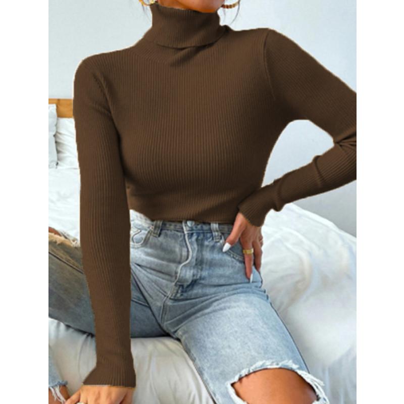 Herbst Winter Frauen Stricken Solide Rollkragen Pull Pullover Lässige Rippe Jumper Tops Weibliche Pullover Kleidung L kaffeebraun
