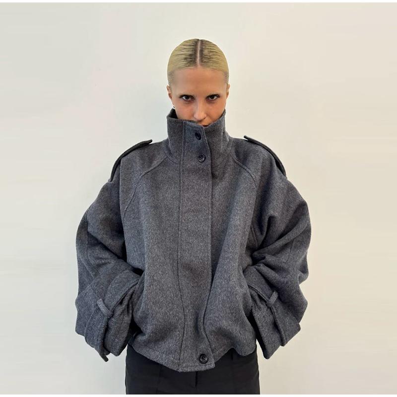 Schicke Rollkragenmäntel Damen Stehkragen Langarm Reißverschluss Knopf Tasche Lockere Jacken 2025 Herbst Weibliche Alltagskleidung XS grau