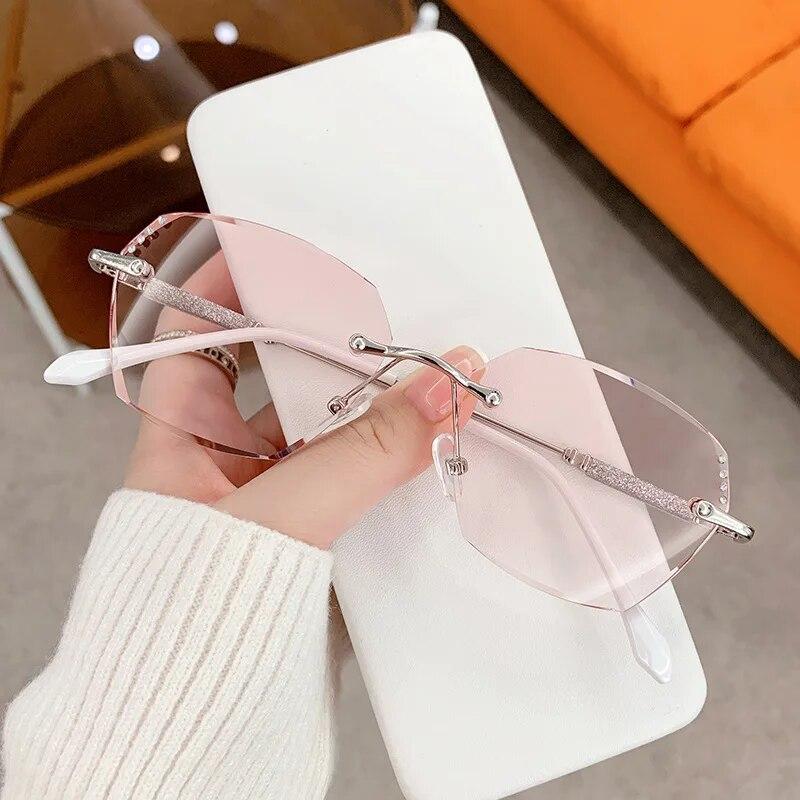 Retro randlose Lesebrille, blaues Licht blockierend, Diamantschliff, Farbverlauf, Fernsicht, Brillen für Damen +2.5 silber