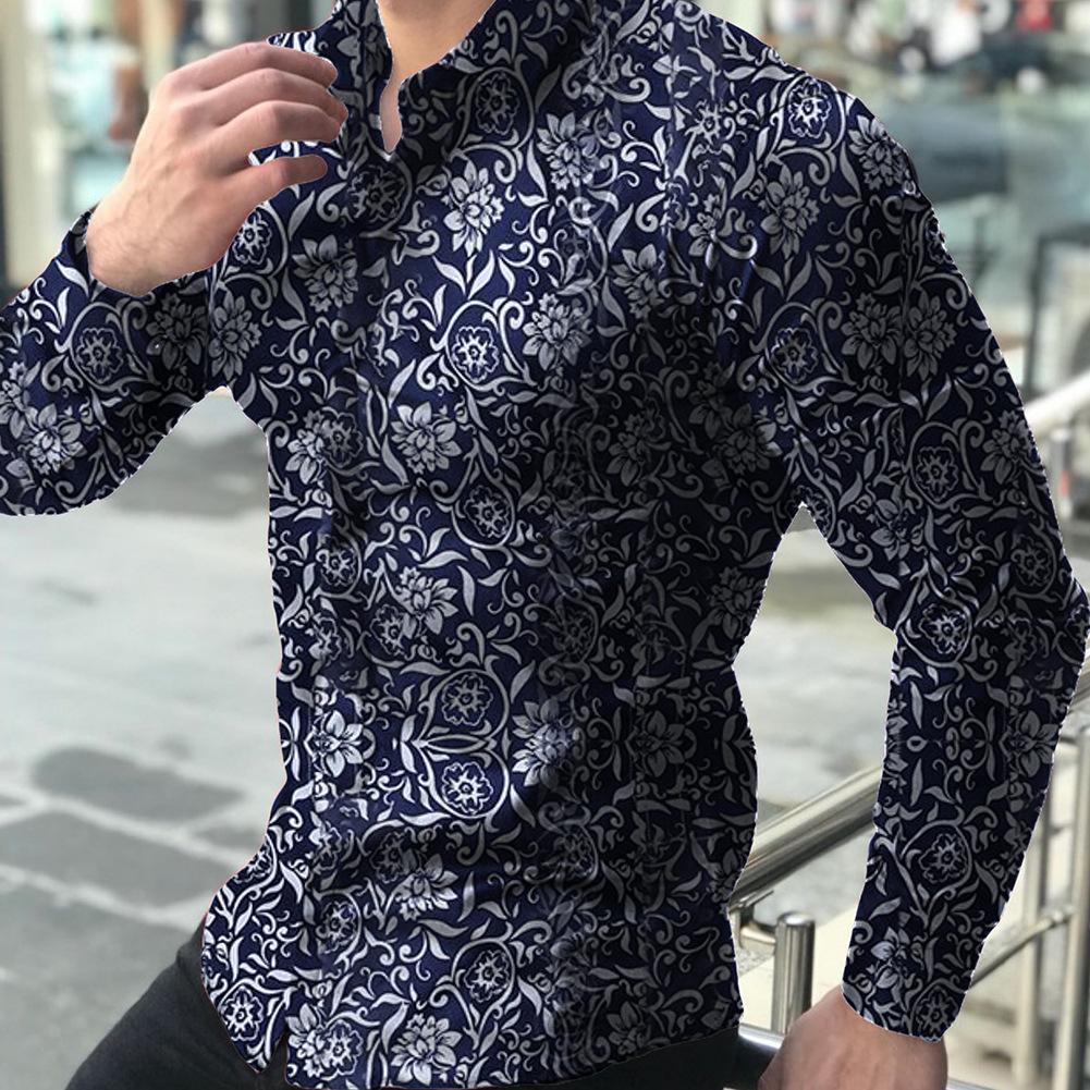 Männer Langarm-shirt Floral Männliche Bluse Casual Shirts Sommer Herbst Shirts Männer Top Kleidung XL navy blau