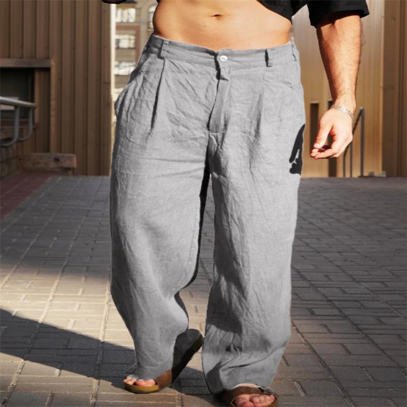 Herren Leinen Falten Weite Hosen für Frühling und Sommer mit Mittelhohem Bund Atmungsaktive Jogginghosen Streetwear Herren XXL graue