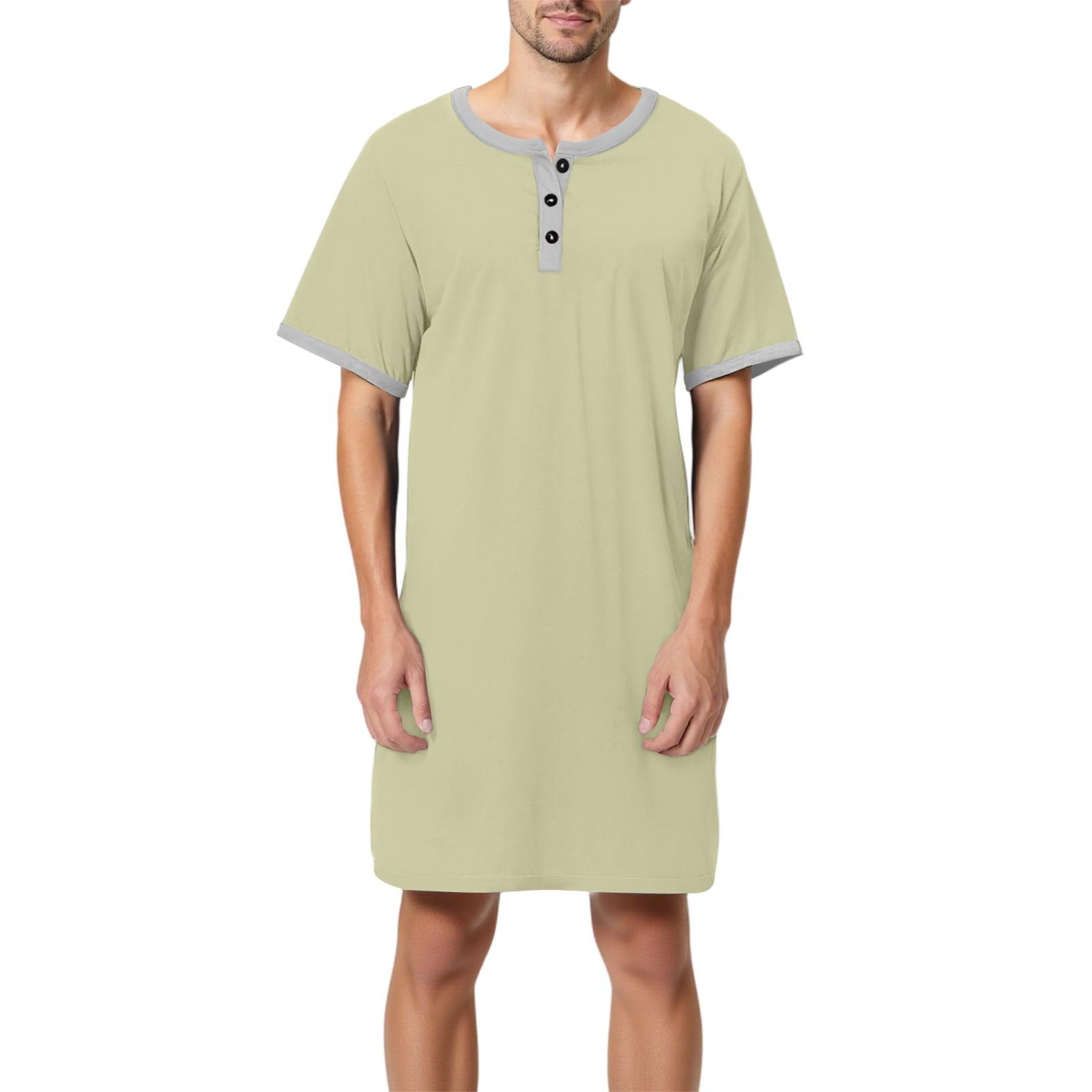 Herren Einfarbig Baumwolle Kurzarm Pyjama Button-Down Kragen Lange Lockere Pyjama Hauskleidung XXXL hellgrüne