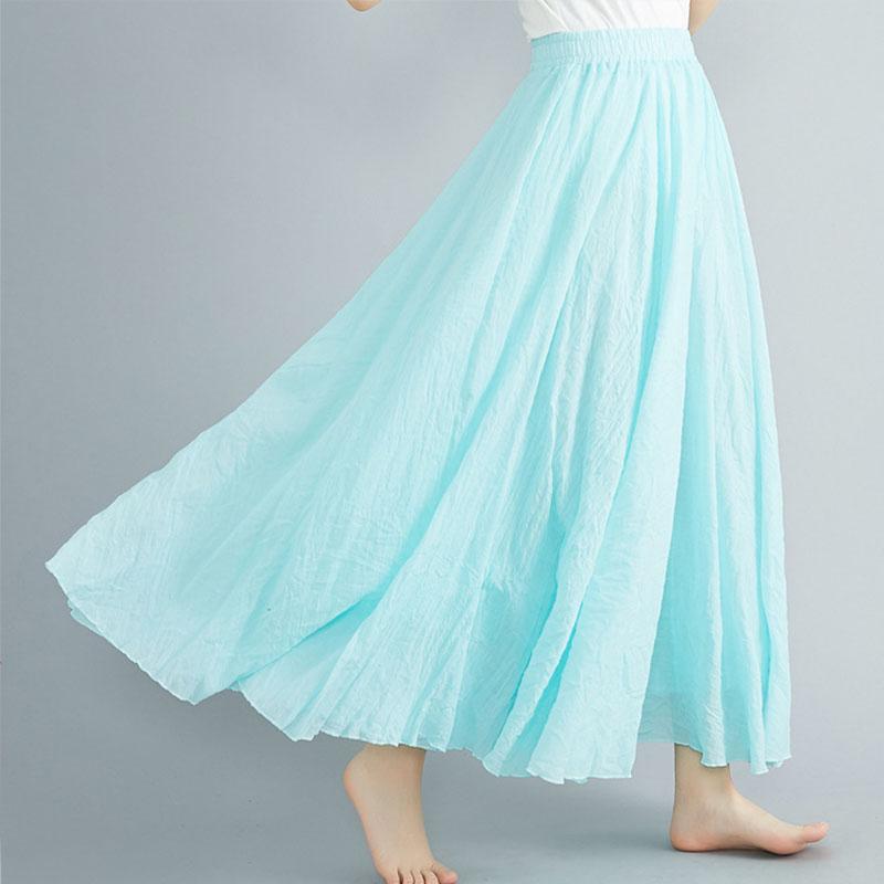 Sommer Herbst Damen Rock Literarisch Große Baumwolle Leinen Halbrock Elastische Taille Leinen A-Linie Rock Langer Abschnitt Reine Farbe Wind Swing Rock L blaue wasserfarbe