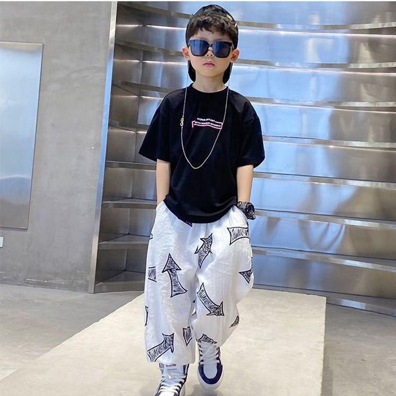 Jungen Kleidersets Sommer Kurzarm T-Shirt + Lockere Hose 2PCS Hip Hop Kinderkleidung Kinder Outfits Teenager 8 10 12 14 Jahre 160 black