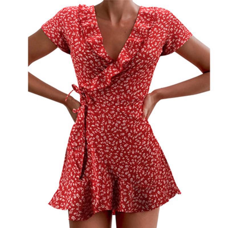 Sommer Damen Floal A-Linie Kleid Süßes elegantes Blumenrüschen V-Ausschnitt Bandage Kurzes Kleid für Lady Chic Blumen Minikleid L rot