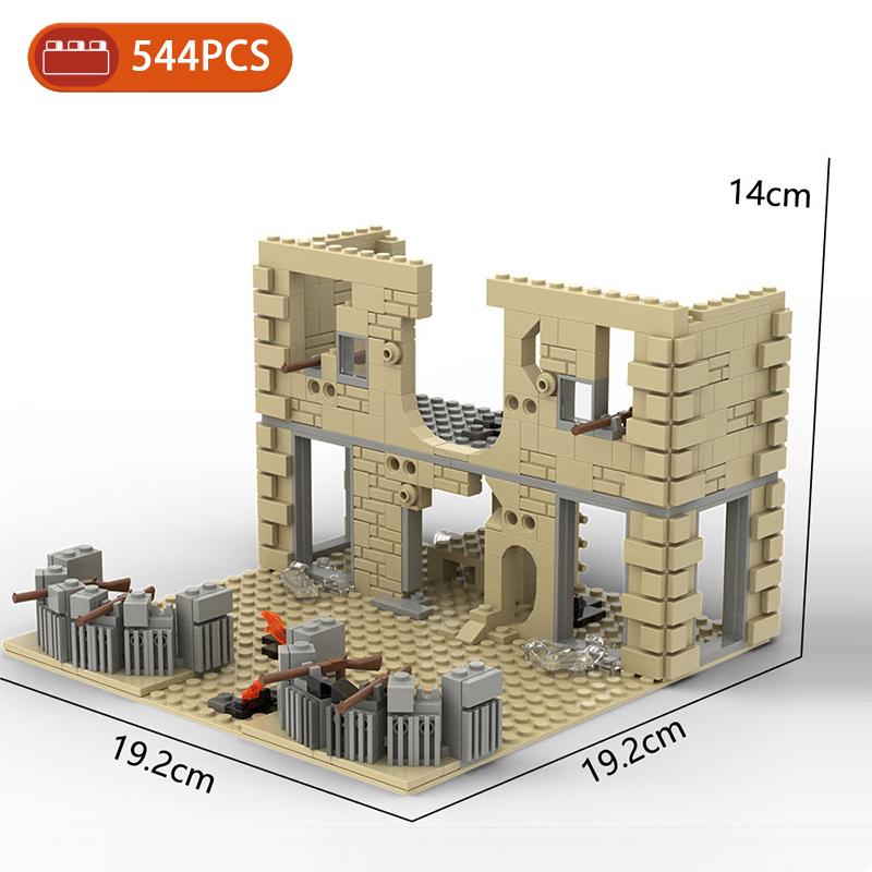 MOC Teile Militärisches Schlachtfeld WW2 Ruinen Waffen Festung Bunker Modell Bausteine Armee Architektur Steine Spielzeug Kinder Geschenk