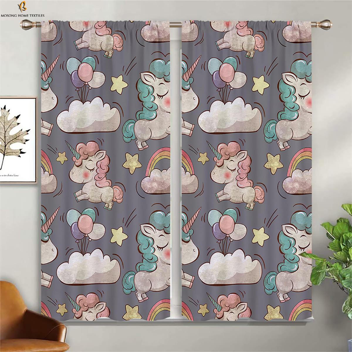Niedliche Cartoon Einhorn Vorhänge Kinderzimmer Fensterdekoration Vorhänge Geeignet Für Schlafzimmer Wohnzimmer Küche Vorhänge 2 STÜCKE W50xH130(CM)x2PCS&Rod pocket gray