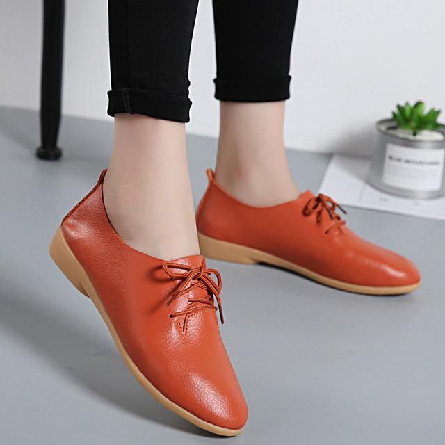 Echtes Leder Sommer Faulenzer Frauen Casual Schuhe Mokassins Weiche Spitz Damen Schuhe Frauen Wohnungen Schuhe Weibliche 44 orange
