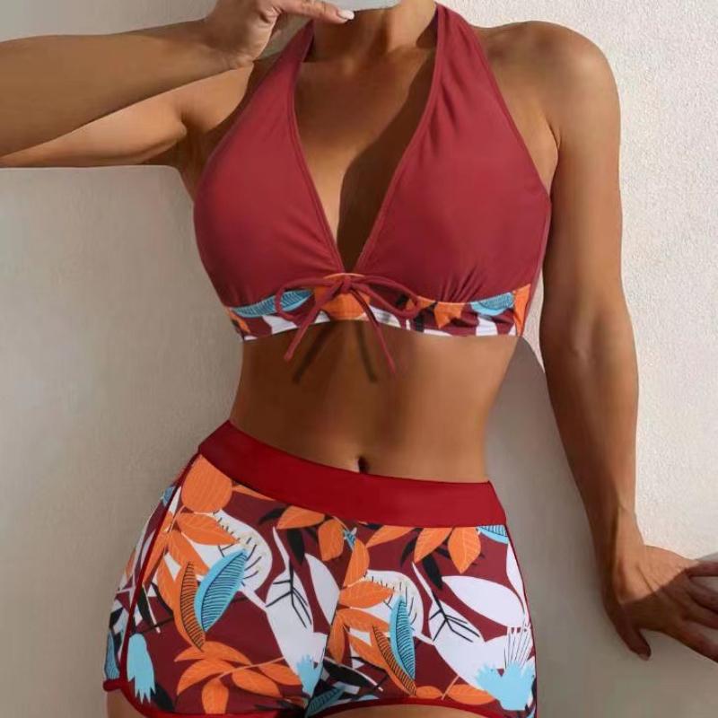 Sexy Bikinis Frauen Sommer Zwei Stück Drucken Badeanzug Weibliche Push-Up Halter Geraffte Wrap Vorne Hohe Taille Badeanzug XL wein rot