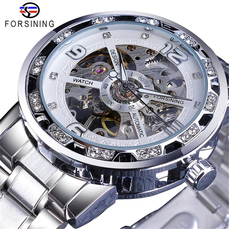 Forsining Blau Diamant Transparent Skeleton Männer Mechanische Uhr Edelstahl Leucht Hände Armbanduhr Casual Business Uhr weiß