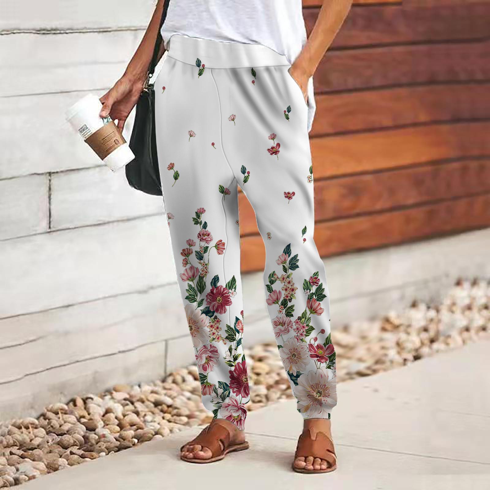 Damenhose mit 3D-Blumen-Print, zum Schnüren, elastischer Bund, lockere Hose, lässige lange Hose, Hose mit Taschen 3XL weiß
