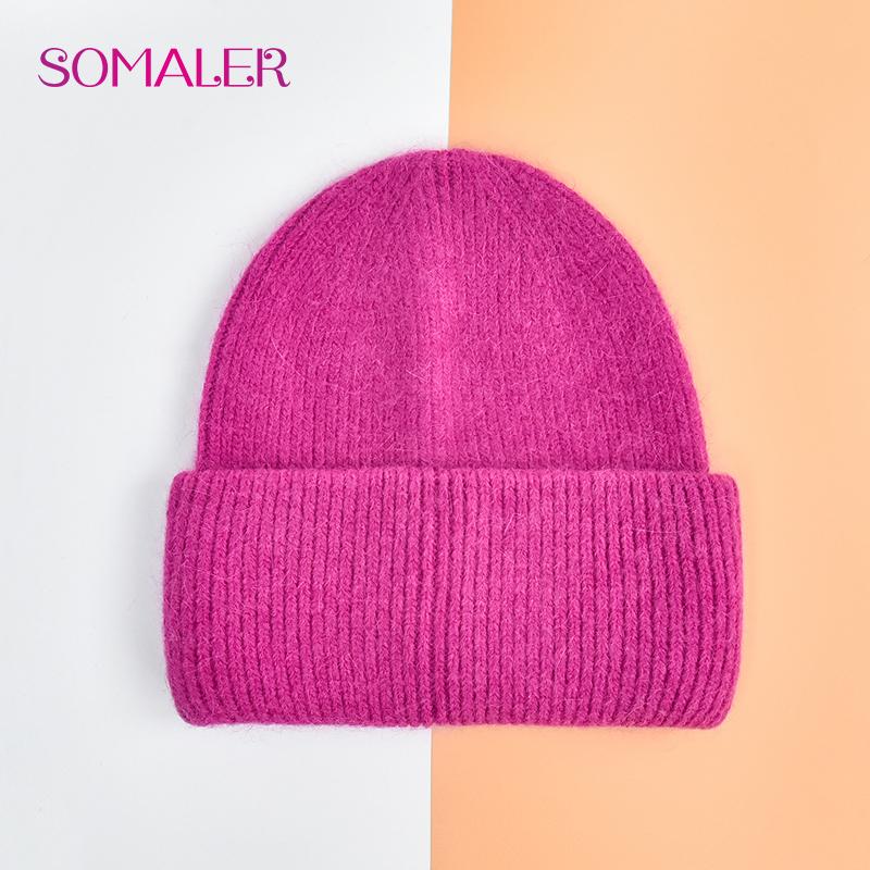 SOMALER Winter Angora Wolle Gestrickte Mütze Weich Warm Flauschig Kaninchenfell Strick Einfache Mützen für Damen leuchtend rosa