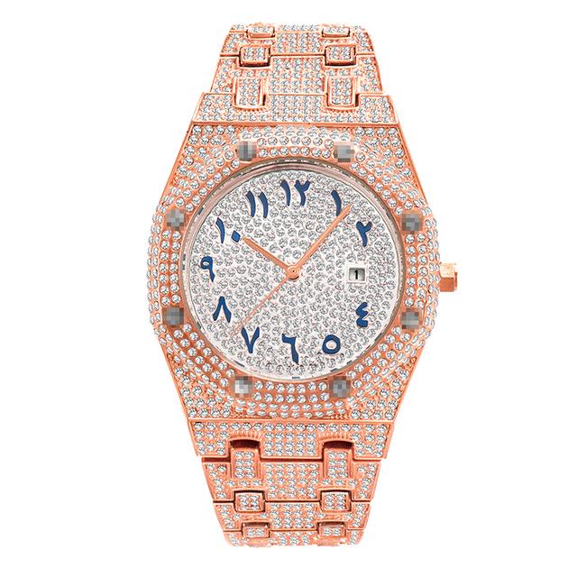 Hiphop einzigartige arabische Herrenuhren Datum Quarz Armbanduhr Gold Silber Edelstahl Luxus Diamant Uhr für Männer Schmuck hellrosa