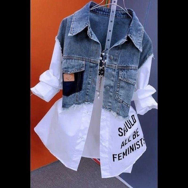 Damenjacke Langarm Patchwork Jeansjacke Brief Print Hemd Jeansjacke M