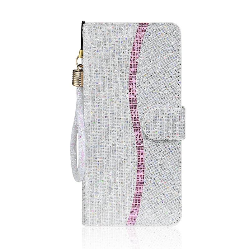 Luxus Glitzer Pulver Flip Case für iPhone/Samsung/Xiaomi/Huawei/Google Leder Wallet Case für Samsung S22 S21 S20 S10 S9 A12 A13 A22 A32 A33 A51 A52 Samsung S21 FE silber