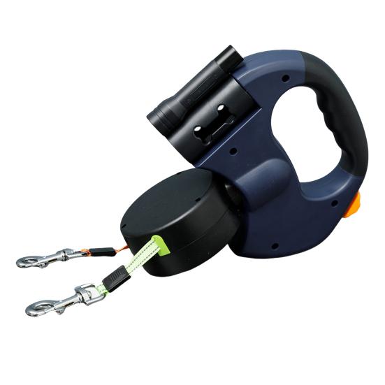 Yousheng Doppelausziehbare Hundeleine, Doppelkopf, 5m Ausziehbare Leine mit Kotbeutelspender und LED-Licht für 2 kleine Hunde bis 5 kg blau