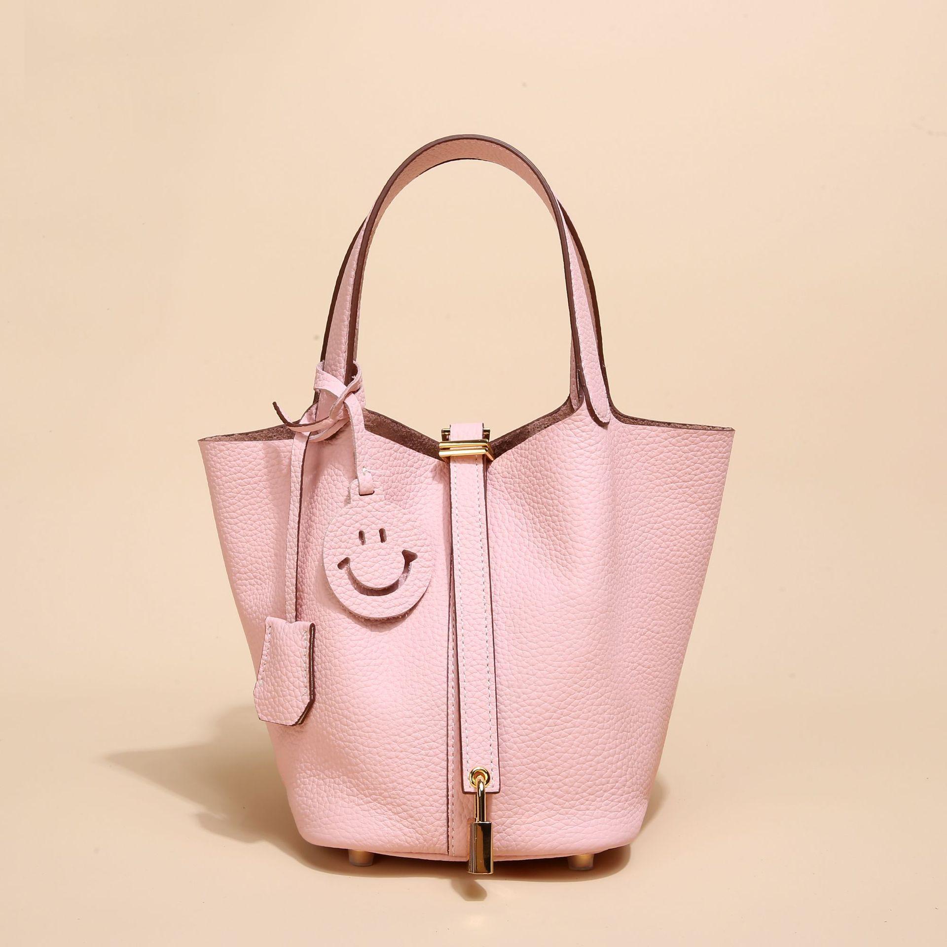Echtes Leder Damen Gemüse Korb Tasche Tasche Herbst und Winter Litschi Muster Eimer Tasche Handtasche für Frauen rosa