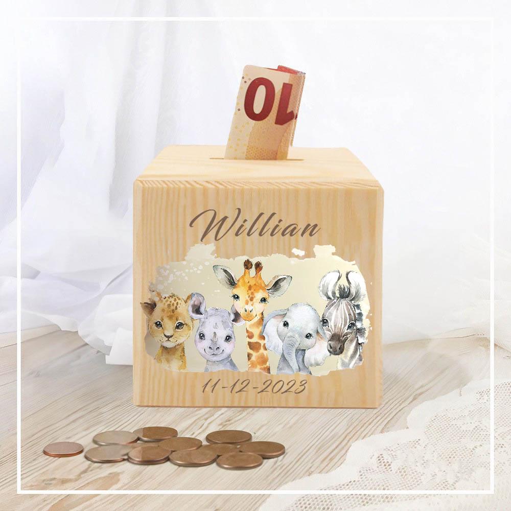 Personalisierte Spardose Tier mit Namen Kinder Spardosen Münzsammelbox Holz Spardose Kind Geburtstag Taufe Shower Geschenk