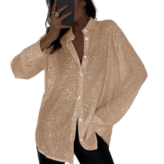 Damen Hemd Revers Langarm Glänzende Pailletten Hemd Oberteile Locker Sitzend Verdeckte Knopfleiste Cardigan Hemd Nachtclub Party Kleidung L champagner
