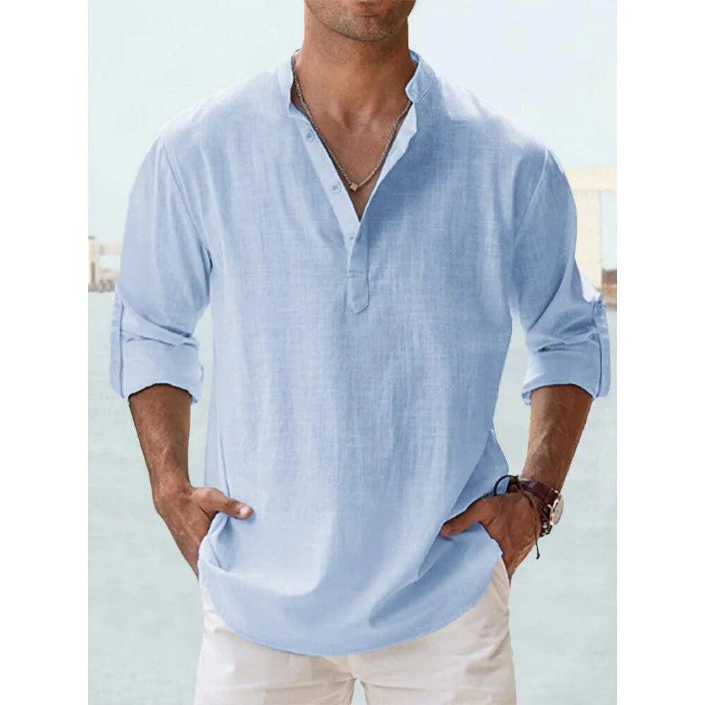 Neue Baumwoll-Leinen-Hemden für Herren, Freizeithemden, leichte Langarm-Henley-Strandhemden, hawaiianische T-Shirts für Herren, Streetwear US XXL 90-100 KG blau