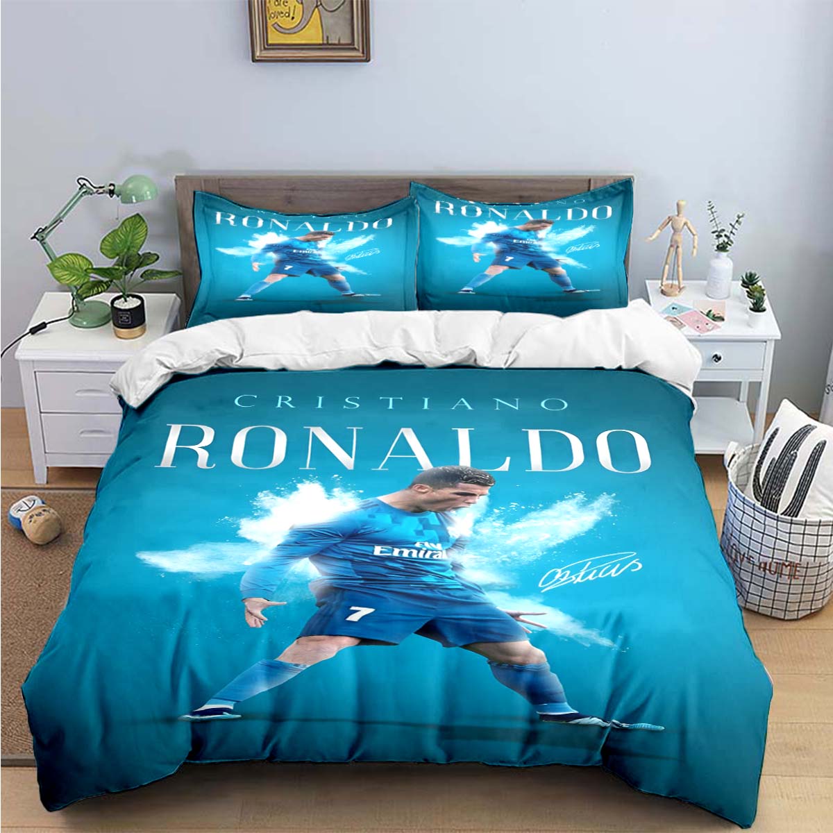 Modischer Fußballstar R-Ronaldo Aufdruck Bettwäsche Set Bettbezug Decke Bett Jugend Kinder Mädchen Jungen Luxus Geburtstagsgeschenk US Full(200*230cm)3pcs