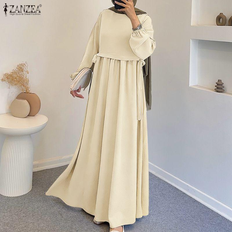 ZANZEA Muslimische Damen Lässig Rundhals Langarm Locker Langes Kleid 5XL apricot