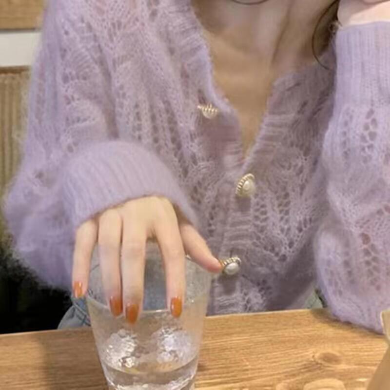 Vintage Elegante Weibliche Strickjacke Herbst Winter Lange Hülse Frauen Strickjacke Pullover Mode Aushöhlen Pullover Tops 16179 One Size violett