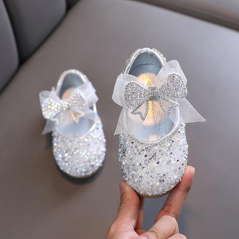 Neue kinder Pailletten Leder Schuhe Mädchen Prinzessin Strass Bowknot Einzelnen Schuhe 2025 Mode Baby Kinder Hochzeit Schuhe 23 silber
