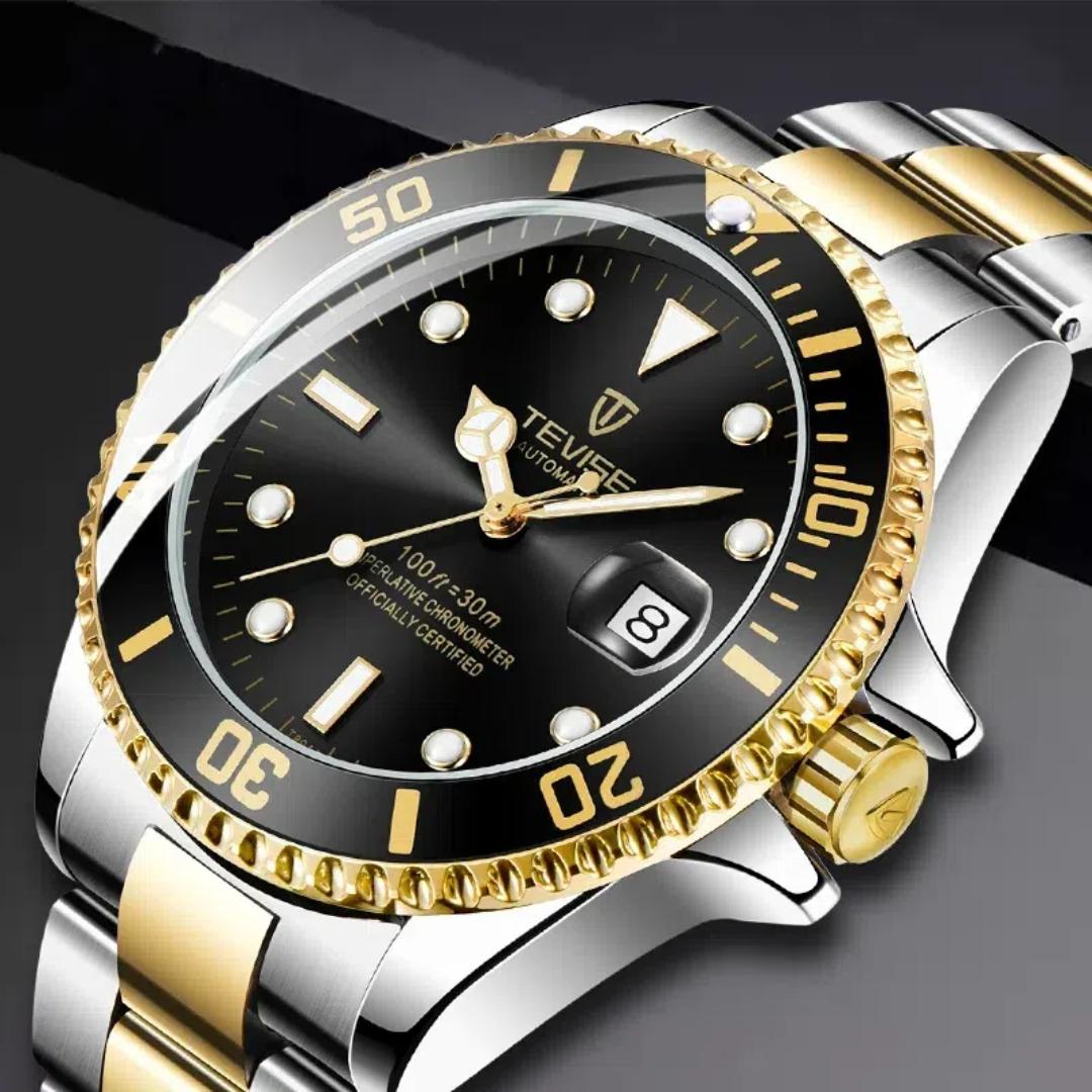 Luxusmarke Automatische Armbanduhren Edelstahl Datum Kalender Uhr Taucher Wasserdicht Militär Herren Mechanische Uhr gold/schwarz