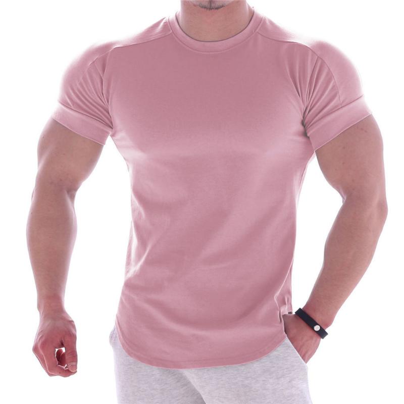 Muskulöse Herren-Fitness-Kleidung, Sport-T-Shirt, eng anliegend, elastisches Training, schnell trocknende Kleidung, lässig, kurze Ärmel L rosa