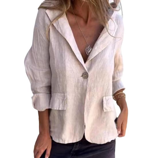 Frauen Anzug Mantel Revers V-ausschnitt Langarm Einfarbig Anzug Jacke Frühling Herbst L khaki
