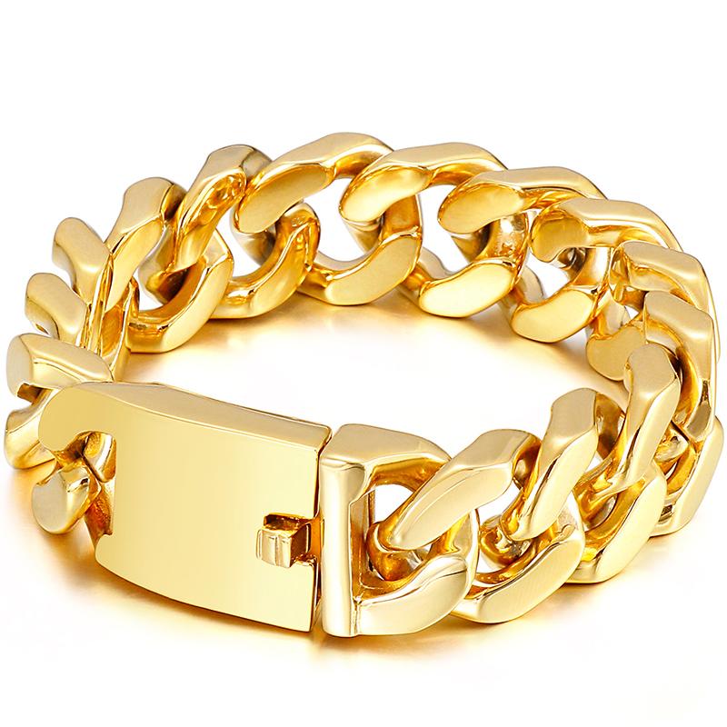 Handaccessoires aus poliertem Edelstahl, 20 mm breit, kubanische Eisenkette, Herrenarmband, Luxus, verblasst nicht, Farbe Gold, Herrenschmuck für Jungen 22CM