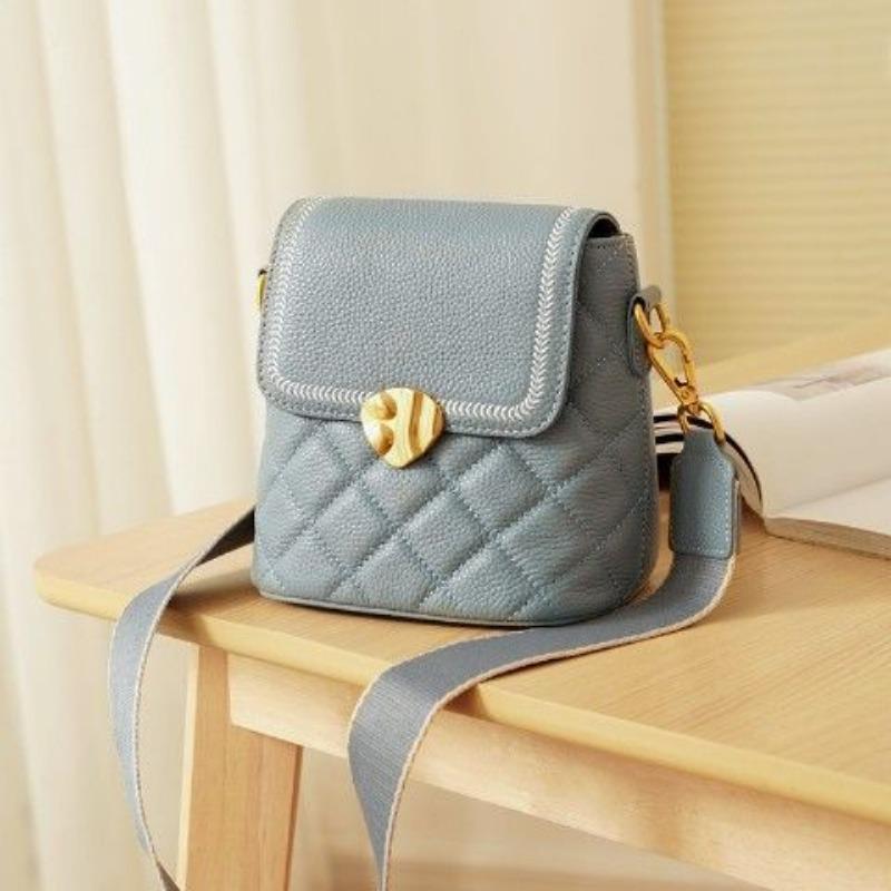 Diamant-Eimer Tasche für Damen Neue Trendige Breite Band Kopfschicht Rindsleder Ein Schulter Crossbody Tasche Kleine Tasche gray