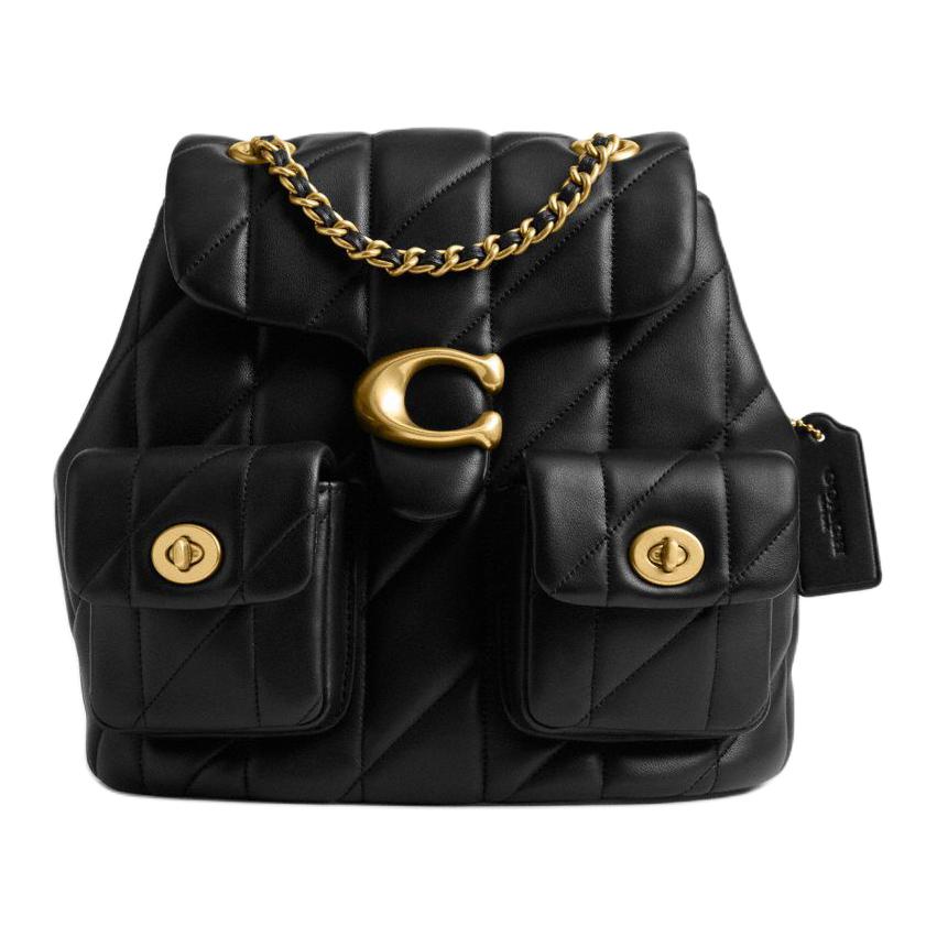 Coach Tabby 22 Metallisches Logo Gestepptes Lammleder Rucksack Kleiner Damenrucksack Schwarz CU076-B4BK Gift Box Sets (Basic Set+Black Box)