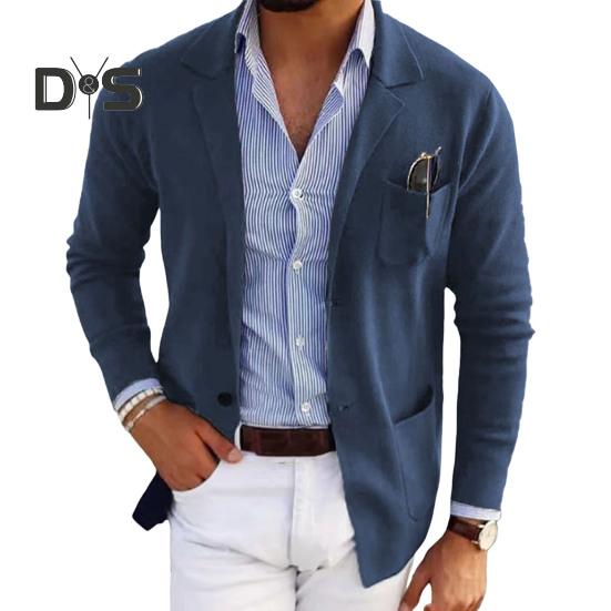 Herren Anzugjacke Einfarbig Revers Langarm Einreihig Design Anzugjacke mit Taschen Vorne Offen Business Arbeitskleidung L blau