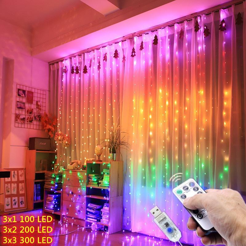 Vorhang LED Lichterketten Girlande Festival Weihnachtsdekoration USB-Fernbedienung Urlaub Hochzeit Lichterketten für Schlafzimmer Zuhause 3M(W)x1M(H) 100 LEDS bunt