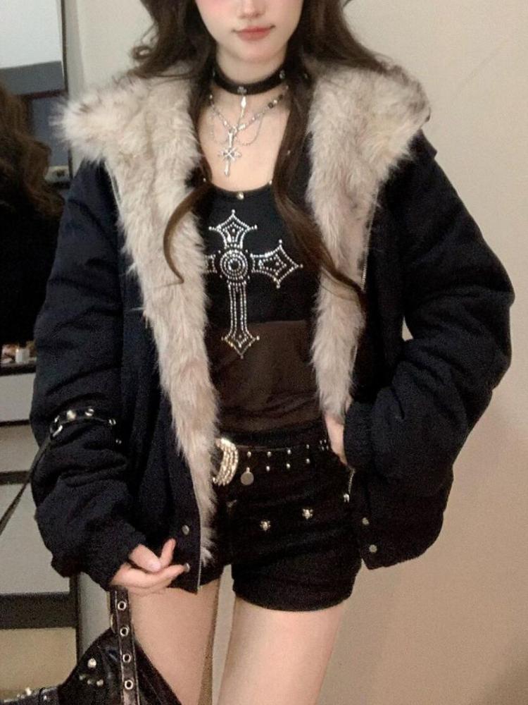 Winter Neue Elegante Liner Pelz Lose Mantel Frauen Y2k Pelz Kragen Kapuze Dicken Mode Parkas Casual Oberbekleidung Baumwolle Gefütterte Jacken M schwarz