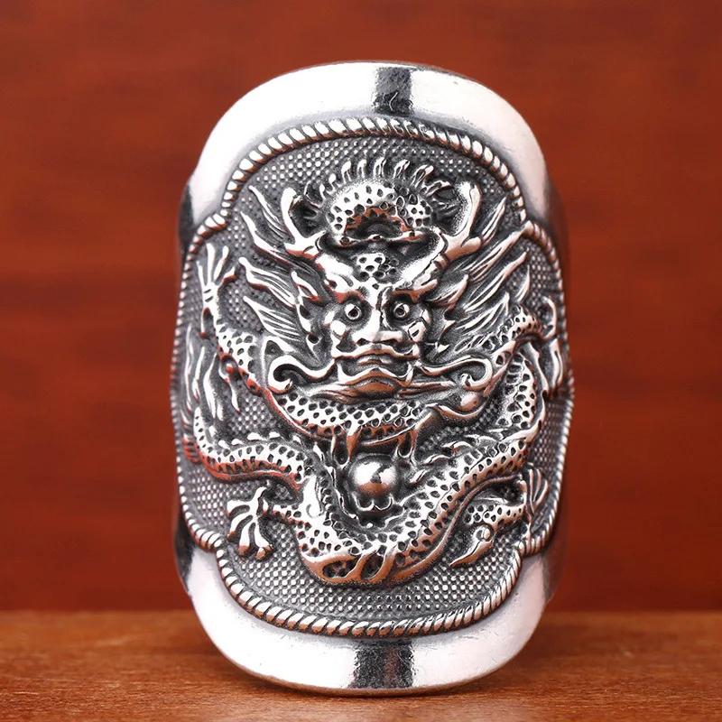 Designer Original Thailändische Drachen-Totems Herrenringe Dominant Maskulin Breit Emaille Blau Ethnisch Stil Schmuck Geschenk resizable gray