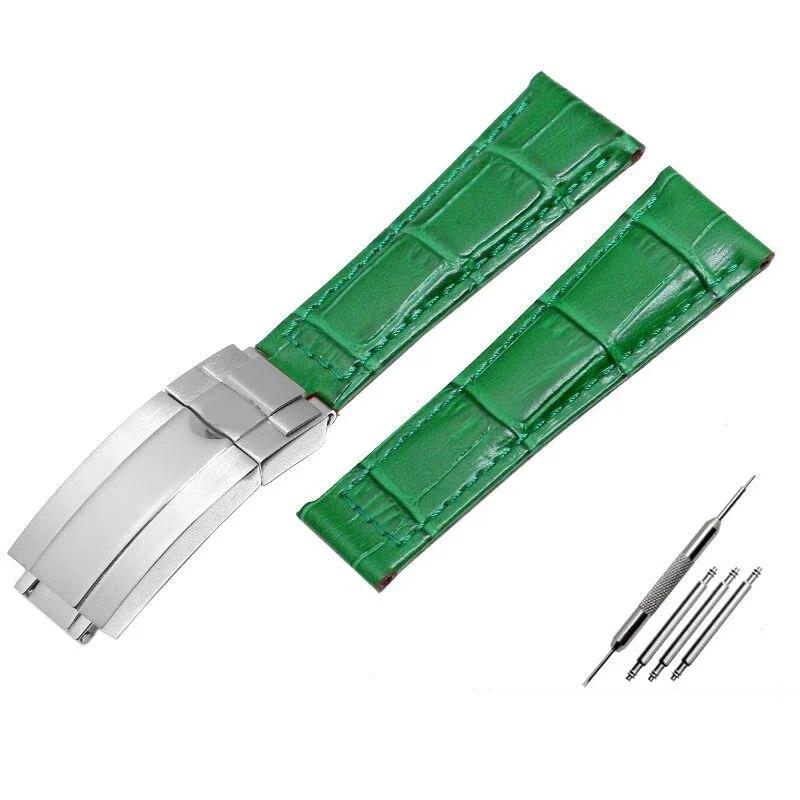 Krokodilmuster Echtleder Uhrenarmbänder 20mm für Rolex Uhrenarmband Daytona Submariner GMT RX Armband Faltschließe Green-silver  20mm With logo