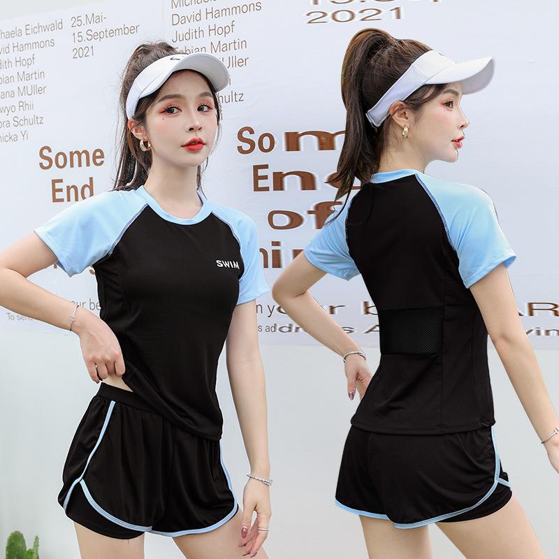 Damen-Badeanzug Damen Patchwork Kurzarm Badebekleidung Sport Pool Strandbekleidung Zweiteiliger Badeanzug mit Shorts S blau