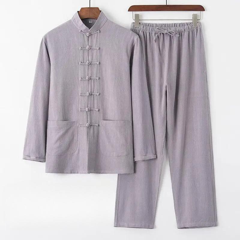 Herren Baumwolle Leinen Tang Anzug Langarm Set Retro Knopfleiste Herrenbekleidung Mittleren Alters und Ältere Locker Tai Chi Anzug XS violett